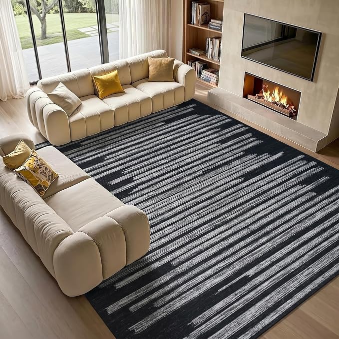 GarveeHome Large Area Rug 9x12 Modern Striped Non Slip Stain Resistant Washable Rug for Living Room Dining Room Bedroom Guest Room Home Office Low Pile Soft Carpet Kids&Pets Friendly, Black