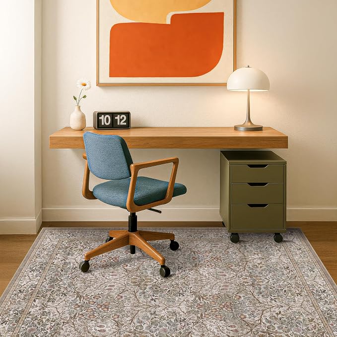 5x7 Washable Moss Green Oriental Area Rug for Living Room - Dining Room Rugs for Under Table, Home Office, Low Pile Non-Slip Floor Carpet for Bedroom - Vintage Brown Design & Stain Resistance Carpet