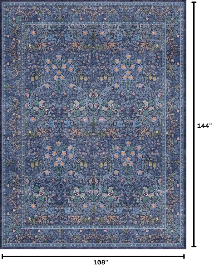 Washable Dark Blue Rug for Living Room - 9x12 Large Area Rug for Dining Room Under Table, Bedroom, Soft Low Pile Non-Slip Stain Resistant Carpet - Vintage Navy Floral Design