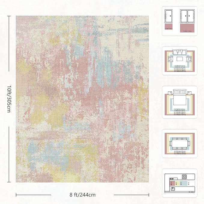 8x10 Rugs for Living Room - Modern Abstract Washable Rug, Ultra Soft Non Slip Low Pile Large Rugs, Floor Carpet for Bedroom Dining Room Office Laundry Nursery Home（Macaron Colors）