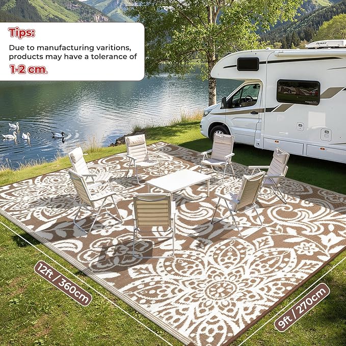 Findosom Waterproof Outdoor Rug 9' x 12' - Reversible Mandala Outdoor Plastic Straw Rug, Durable Foldable Patio Rug for RV, Deck, Balcony, Backyard, Picnic, Porch, Camping, Beach, Brown