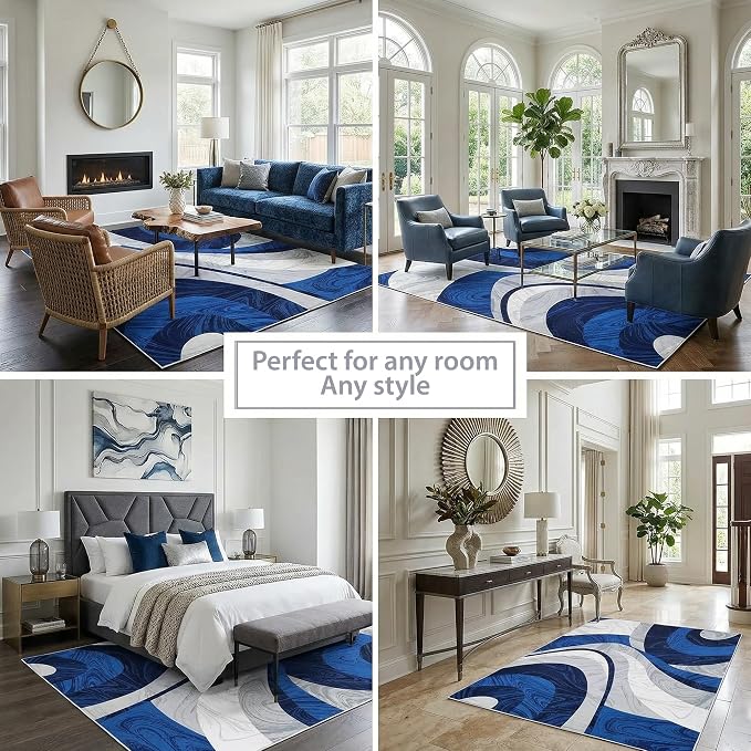 Washable Area Rug for Living Room, Indoor, Dinig Room – Soft Pile Non-Slip Rug for Kitchen – Modern Contemporary Design Machine Washable Carpet, Foldable Rug, Easy to Clean – (4X5-Dark Blue)
