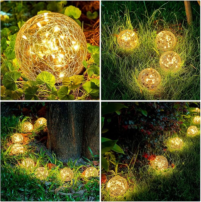Honoson 3.9 Inch Solar Globe Lights Outdoor - Waterproof Cracked Glass Balls for Lawn Patio Yard Backyard Decorations, Warm Yellow Solar LED Lights with Easy Installation,Durable Design (6 Pcs)