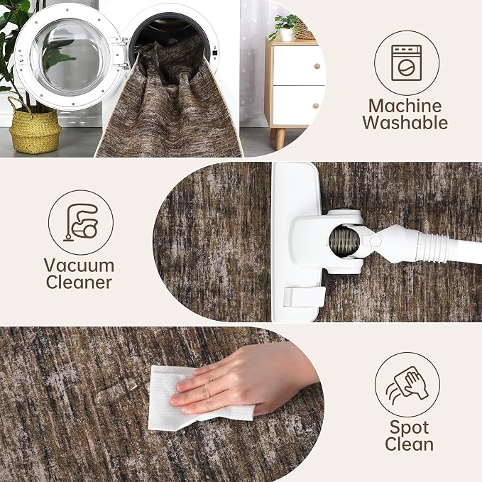 GarveeHome Bedroom Rugs 8x10 Washable Rug Modern Solid Color Area Rug, Non Slip Non Shedding Floor Covering Stain Resistant Low Pile Foldable Thin Mats for Living Room, Dining Room, Office, Brown