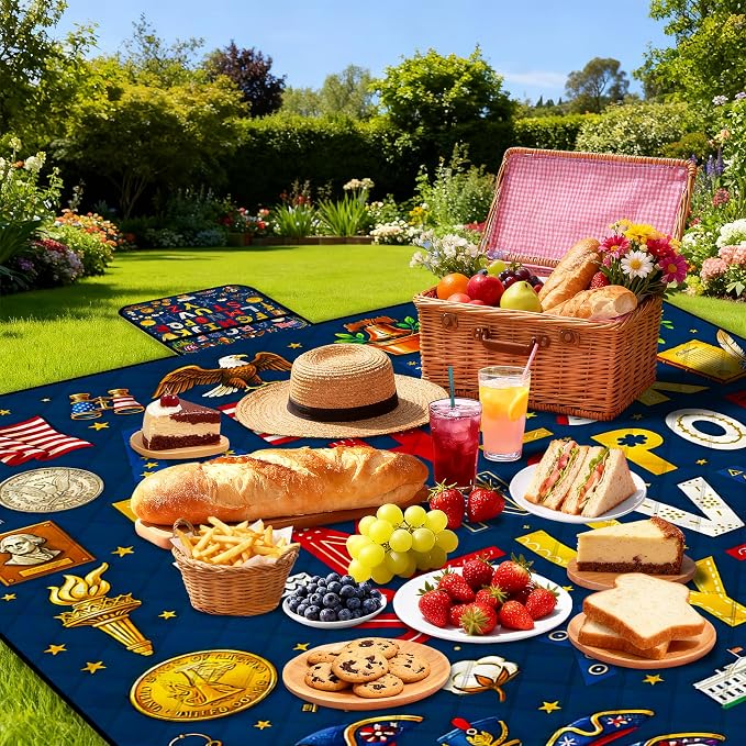 Poedist Extra Large Picnic Blanket Waterproof,80"x 80"Foldable Machine Washable Beach Blanket,Outdoor Blanket for 6-8 Adults,for Indoor Crawling,Park Beach,Camping,Hiking,Family Travel(Flag Letters)
