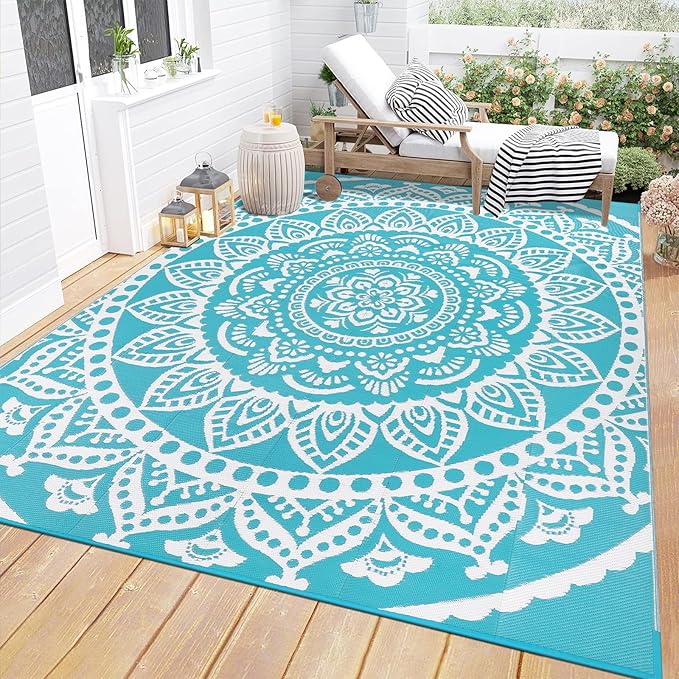 Bsmathom Waterproof Outdoor Rug 6'x9' Reversible Boho Plastic Straw Patio Deck Camping Rugs, Indoor Outdoor Portable RV Mat Clearance Carpet for Outside, Porch, Balcony, Backyard, Beach, Pool,Teal