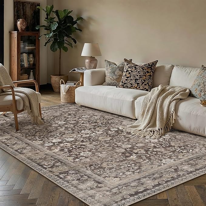 HUGEAR 5x7 Machine Washable Rugs Coffee Brown Hallway Area Rug Indoor Accent Rug Floral Low Pile Carpet Soft Throw Aesthetic Rug Bedroom Living Room Office Dining Room Kitchen Laundry Room Non Slip