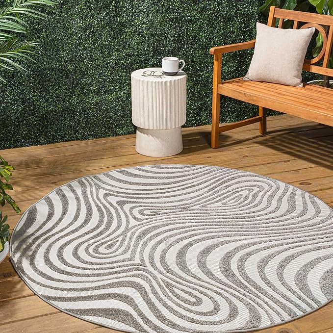 JONATHAN Y Maribo High-Low Abstract Striped Gray/Ivory 8' Round Indoor/Outdoor Area Rug, Pet Friendly, Non-Shedding, Stain Resistant, Easy-Cleaning for Backyard, Patio, Porch (SCN103B-8R)