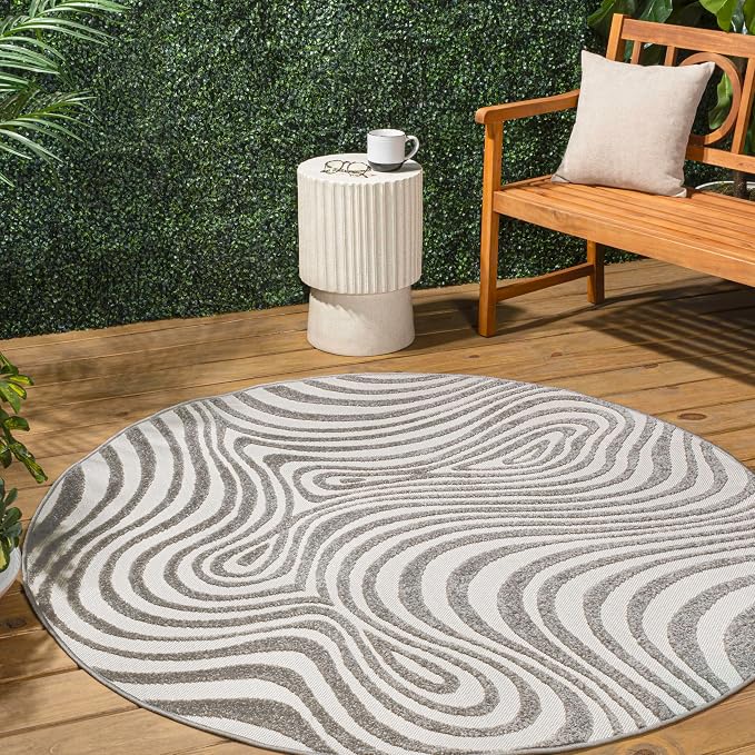 JONATHAN Y Maribo High-Low Abstract Striped Gray/Ivory 7' Round Indoor/Outdoor Area Rug, Pet Friendly, Non-Shedding, Stain Resistant, Easy-Cleaning for Backyard, Patio, Porch (SCN103B-7R)