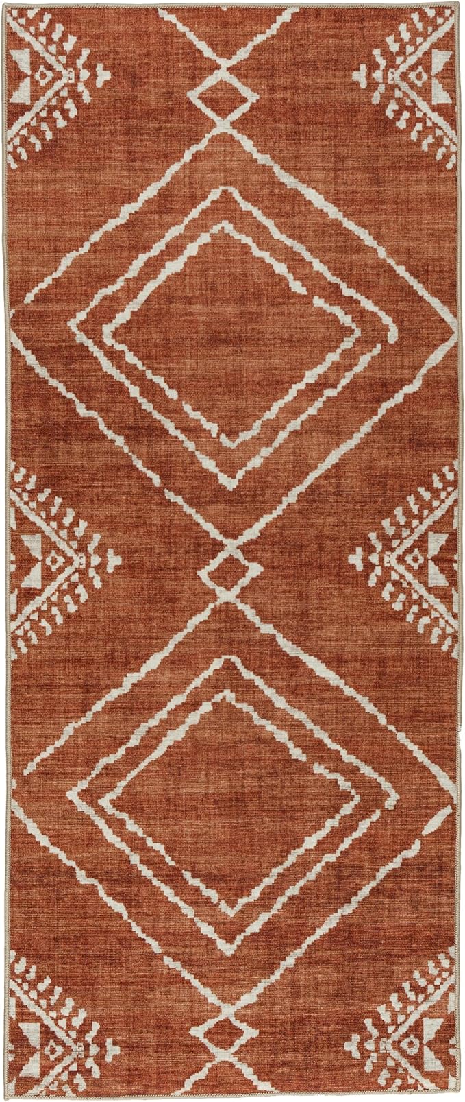 Machine Washable Area Rug Runner - Living Room Bedroom Bathroom Kitchen Entryway Office - Padded Low Pile Stain Resistant Premium - Moroccan Diamond Tribal - Jax - Orange 2'6" x 6'