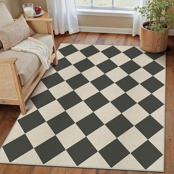 PureCozy 4x6 Checkered Chevron Pattern Area Rug for Living Room Checkerboard Washable Indoor Outdoor Carpet Farmhouse Patio Office Mat Geometric Non Slip Black Carpet for Dorm Backyard Dining Room