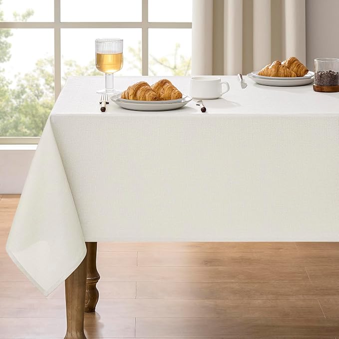 Decorelia Faux Linen Farmhouse Table Cloth 60"x104" for 6 ft Rectangle Table, Ivory Waterproof Outdoor Washable Cloth Tablecloth for Rectangular Dining Room Kitchen Outdoor Party Restaurant Decor