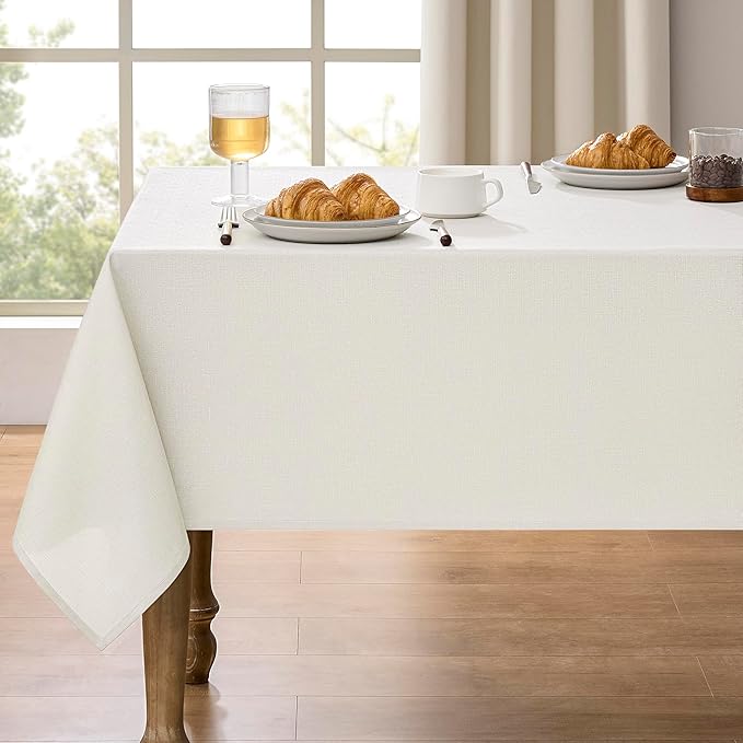 Decorelia Faux Linen Farmhouse Table Cloth 60"x120" for Rectangle Table, Ivory Waterproof Outdoor Washable Cloth Tablecloth for Rectangular Dining Room Kitchen Outdoor Party Restaurant Decor
