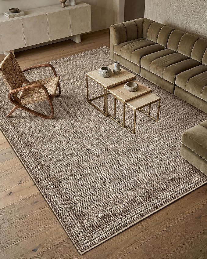 GarveeHome Washable Rugs 5x7 Rug for Living Room, Scalloped 5 x 7 Rug Solid Coffee Modern Minimalism Low-Pile Carpet for Bedroom Dining Nursery Non Slip Mat with Rubber Back