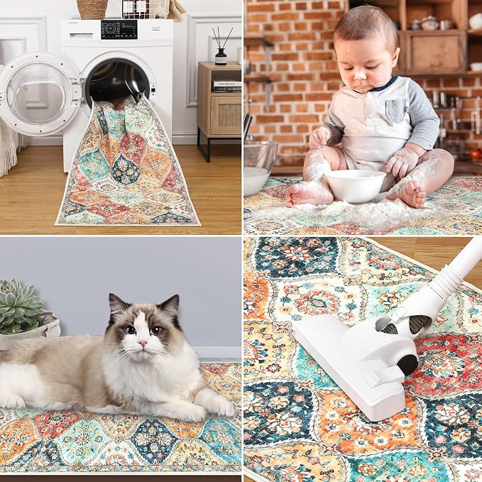 ROYHOME Washable Round Rug 4ft Moroccan Trellis Washable Area Rug, Stain Resistant Non-Slip Circle Rug Vintage Distressed Round Throw Carpet for Living Room Bedroom Kids Room Playroom, Blue/Yellow
