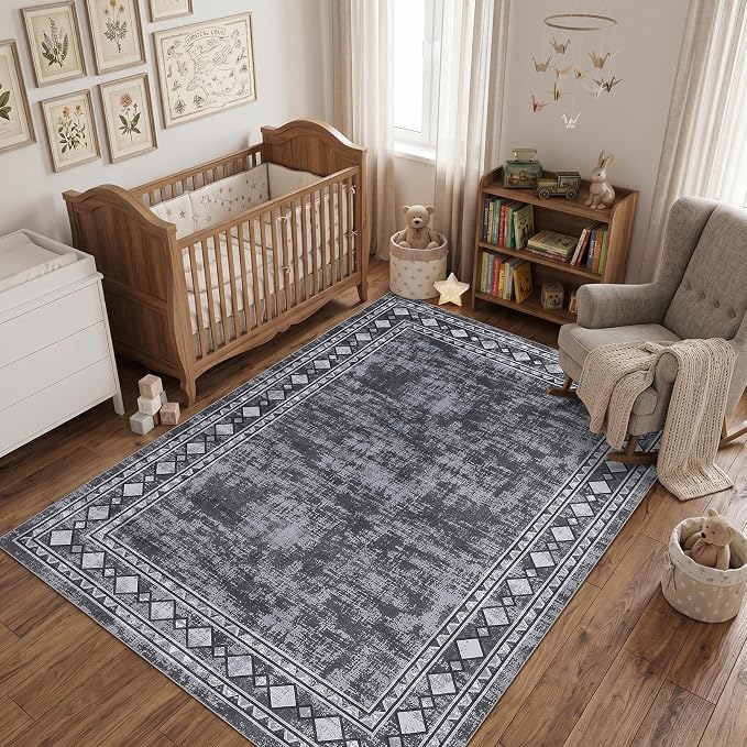 Garvee Large Area Rug 10x13 Rugs Vintage Border Washable Rug, Grey | Boho Area Rug Stain Resistant Easy Cleaning Throw Rugs Low Pile Floor Cover for Nursery Dining Room Apartment