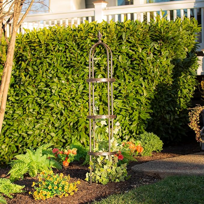 Evergreen 5 ft Garden Trellis for Climbing Plants Vines, Jasmine & Flowers, Rustproof Metal Obelisk Trellises, Outdoor & Indoor Plant Support for Potted Planters (Bronze)