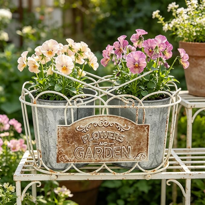 Vintage 2-Piece Metal Planter Set, Distressed White Iron Wire Basket with Flowers Garden Sign, Rustic Farmhouse Plant Pots for Tabletop, Window Sill & Balcony Decor