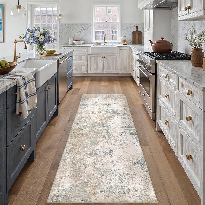 2x6 Beige Blue Modern Abstract Washable Runner Rug for Hallway | Low Pile, Non Slip, Modern Abstract Style, Soft Hallway Runner Rug for Kitchen, Entryway, Laundry Room, Home Decor
