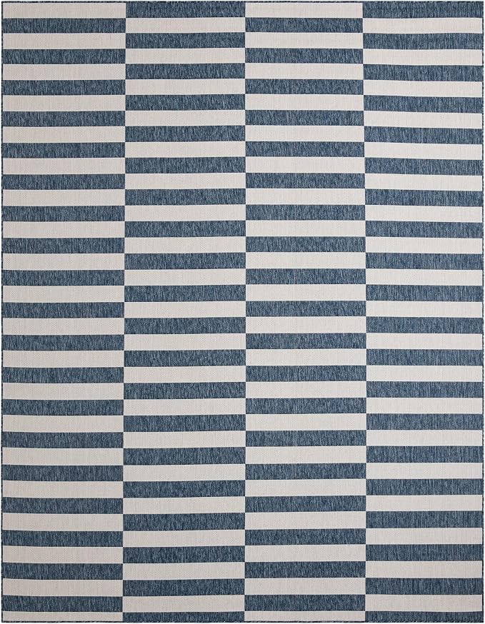 Unique Loom Outdoor Striped Collection Area Rug - Striped (10' x 13' 1" Rectangle Blue/Ivory)