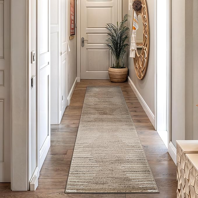 Rugshop Bohemian Stripe Stain Resistant Runner Rug Beige 2' x 7' | High Traffic, Rectangular, Size 2' x 7', Living Room, Bedroom, Dining Room, Home Office, Kitchen, Entryway, Hallway, Nursery