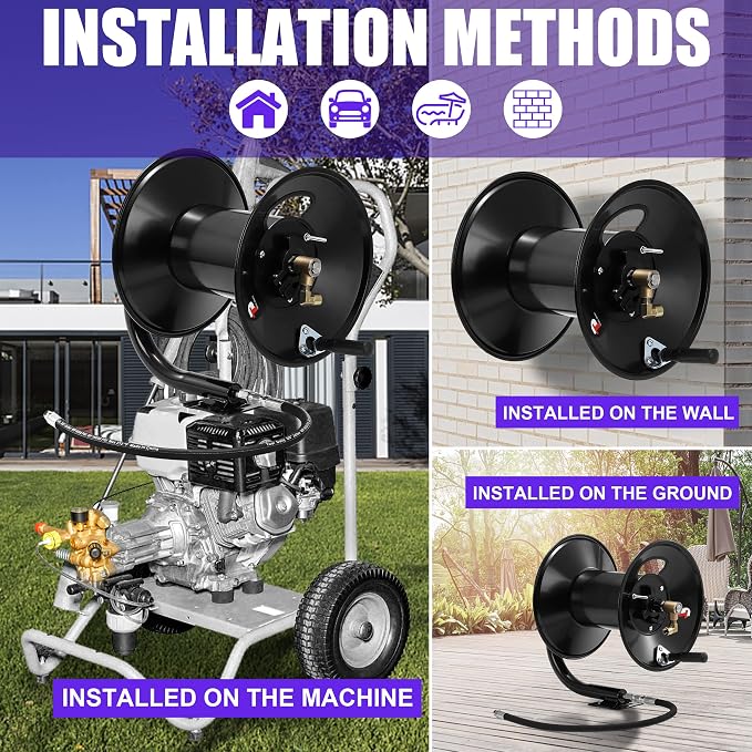 Tool Daily Pressure Washer Hose Reel 150FTx3/8" / 300FTx1/4", 4000 PSI | Heavy Duty Power Washer Hose Reel for Water, Hand Crank Steel Reel with Wall/Floor/Van Mount
