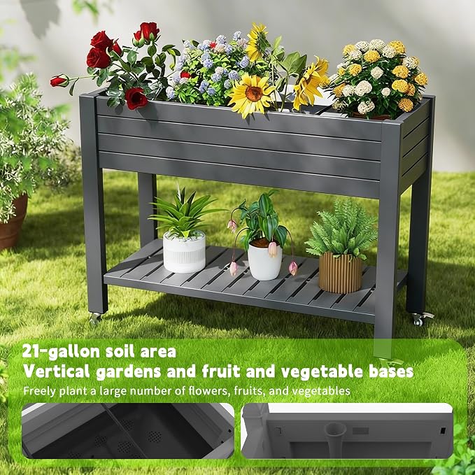 Elevated Raised Garden Bed with Legs, 33.66" Tall Self-Watering Resin Outdoor Planter Box with Storage Shelf, Drain Plug Water & Monitor for Plants Vegetables Flowers Fruits (Black)