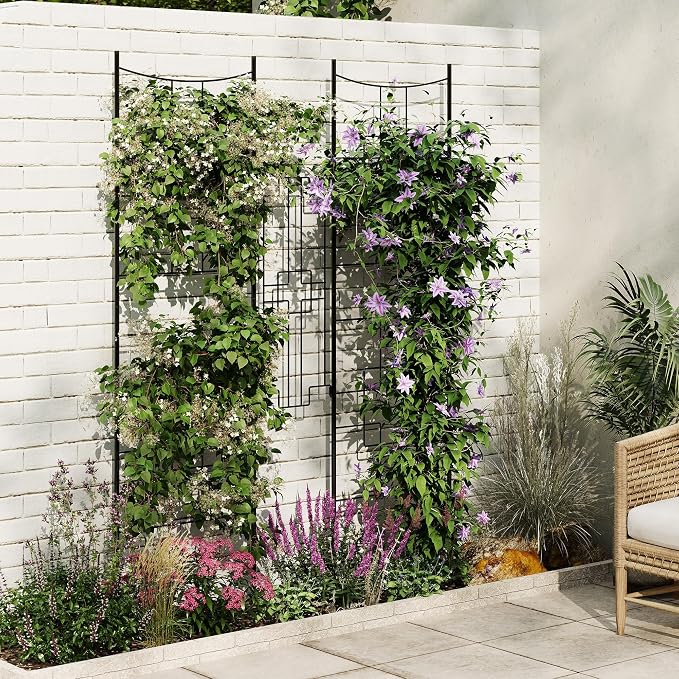 Garvee 2 PCS Baroque Style Metal Garden Trellis & Privacy Screen, 51"x66" Black Iron Arch Trellis for Climbing Plants Outdoor, Decorative Plant Support for Roses, Vegetables, Vines, Flowers