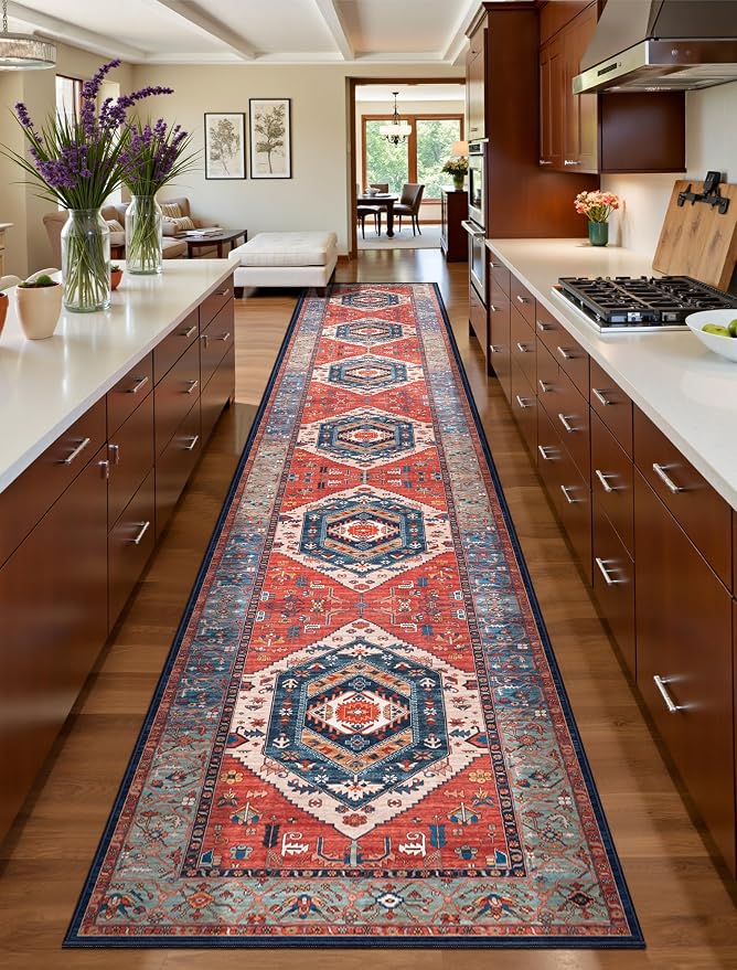 SERISSA 2'6"x16' Washable Non Slip Boho Runner Rug for Hallway，Rust | Ultra Soft Vintage Oriental Carpet Low-Pile Extra Long Tribal Floor Carpet for Kitchen Bedroom Entryway Bathroom Laundry Room