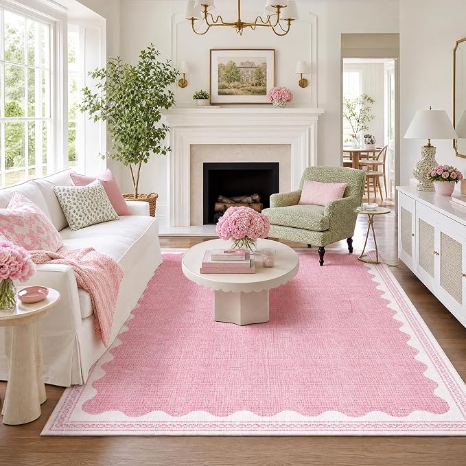 GarveeHome Washable Rugs 5x7 Area Rug for Living Room, Scalloped 5 x 7 Rug Solid Pink Modern Minimalism Low-Pile Carpet for Bedroom Dining Nursery Non Slip Mat with Rubber Back