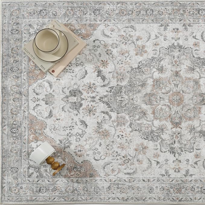 Taupe Area Rug 3x5 Entryway Vintage Floral Non-Slip Carpet | Machine Washable, Soft, Low Pile, for Bedroom, Dining Room, Kids Room, Nursery, Office, Retro Neutral Decor