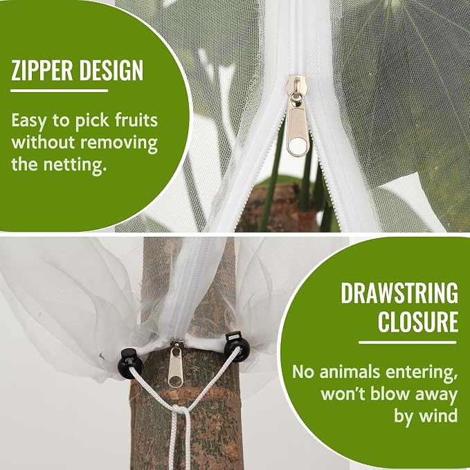 2 Pack Fruit Tree Netting Bags with Zipper and Drawstring, 6 x 6ft Ultra Fine Mesh Garden Netting Plant Cover, Bird Netting for Blueberry Bushes, Fruit Trees, Flowers (White, 6 x 6 ft)
