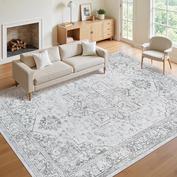 9x12 Washable Area Rugs for Living Room Grey Non-Slip Rug | Vintage Medallion Rug，Soft Low Pile Large Rugs，Indoor Retro Carpet for Bedroom Nursery Dining Table Farmhouse Home Office