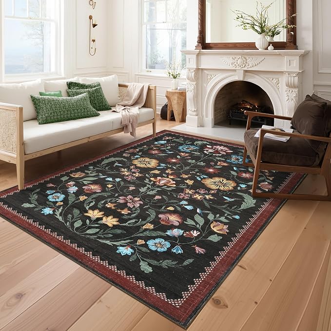 GarveeHome Washable Rug 4x6 Area Rugs for Living Room, Floral Rug for Bedroom, Soft Boho Non Slip Throw Rugs with Rubber Back, Low Pile Stain Resistant Vintage Floral Carpet for Dining Room, Red