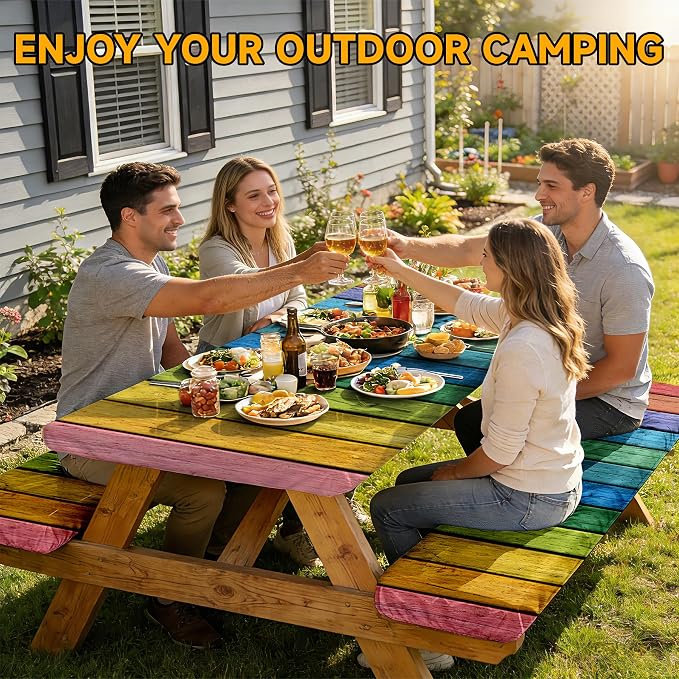 NYZE 3 Pieces Rainbow Stripeds Picnic Table Cover with Bench Covers Set, Elastic Edge Camping Tablecloth, Tablecloth Cover with Drawstring Bag, Camping Essentials for Outdoor Picnics, Patio, BBQ