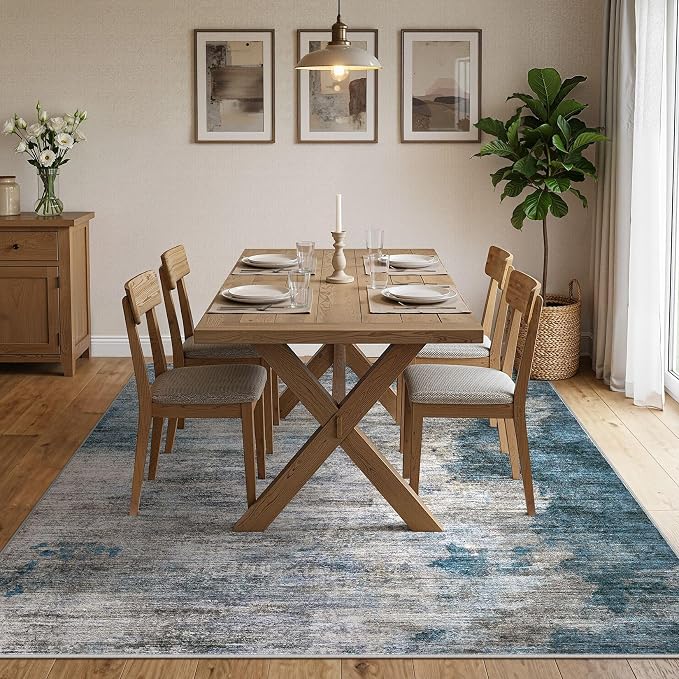 DMOYEST 8x10 Area Rug for Living Room Washable Abstract Indoor Carpet | Neutral Modern Low Pile Rugs Kid & Pet Friendly Large Soft Thin Carpet for Bedroom Dining Room - Dark Grey Blue