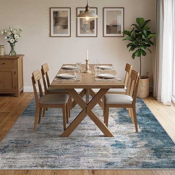 DMOYEST 9x12 Area Rug for Living Room Washable Abstract Indoor Carpet | Neutral Modern Low Pile Rugs Kid & Pet Friendly Large Soft Thin Carpet for Bedroom Dining Room - Dark Grey Blue