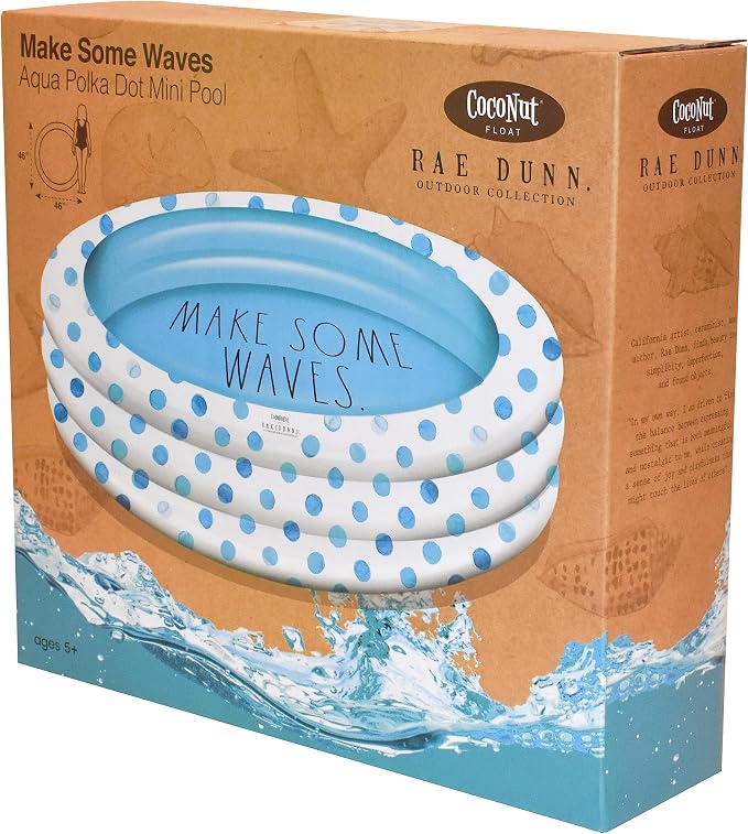 Rae Dunn x CocoNut Float Aqua Polka Dot Mini Pool, Make Waves Theme | Inflatable swimming pool for kids, splash design, easy setup, great backyard fun, durable, perfect for summer parties