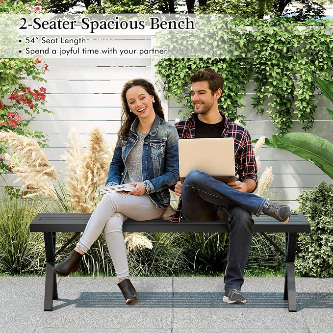 Giantex 2 Pack Outdoor Bench, 54" Metal Garden Bench with Slatted Seat, X-Shaped Legs, Heavy-Duty Patio Backless Loveseat, Load 800 LBS, 2-Person Park Bench for Lawn, Yard, Porch, Black