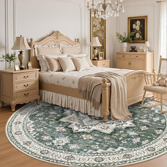 Round Area Rug for Living Room: 4ft Boho Washable Rug Green Ivory | Vintage Boho Soft Round Rug Indoor Floor No Slip Carpet Stain Resistant Rugs for Bedroom Dining Room Nursery Home Office