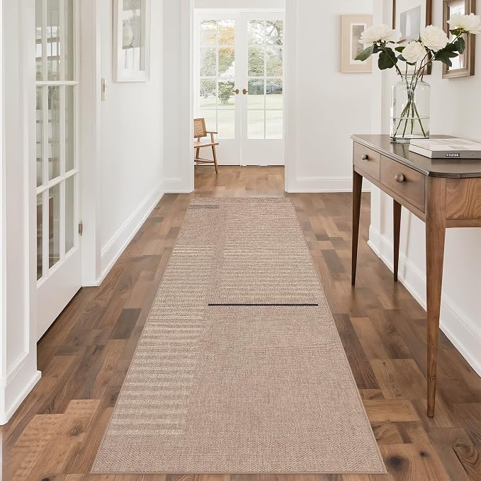 Outdoor Easy Jute Runner Rug: 2.5x8 Modern Natural Area Rugs for Front Patio Hallway Linen-Look Fabric Durable - Neutral Washable Mat for Entryway Kitchen Bedroom - Beige Woven