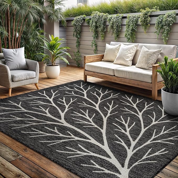 Washable Indoor Outdoor Rug 5x7 Modern Area Rugs Branch Pattern Non Shedding Waterproof Easy Clean Patio Deck Porch Living Room Bedroom Garden RV (5 X 7 Dark Gray)
