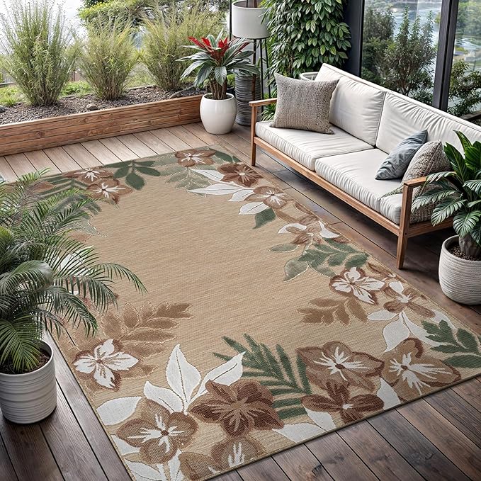 Outdoor Rug 10x14 Washable Area Rugs Indoor Outdoor Carpets Beige Border Floral Non Shedding Waterproof Easy Clean Patio Deck Porch Living Room Bedroom Garden RV (10 X 14 Beige)