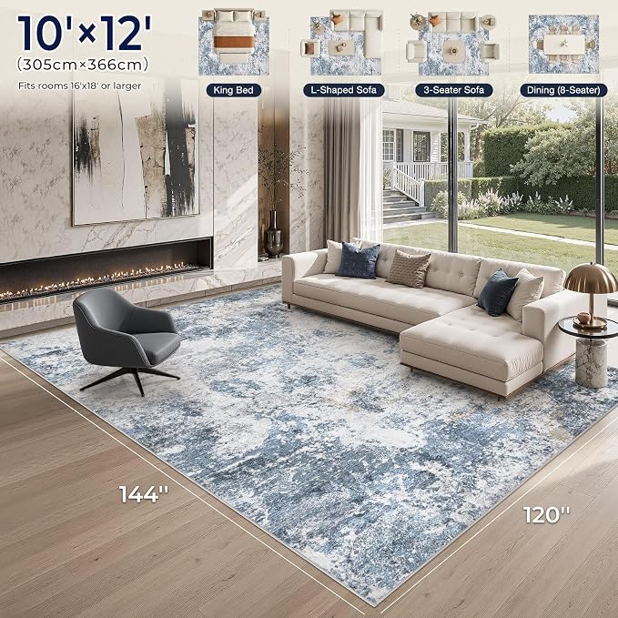 DMOYEST 10x12 Area Rug for Living Room Washable Abstract Indoor Carpet | Neutral Modern Low Pile Rugs Kid & Pet Friendly Large Soft Thin Carpet for Bedroom Dining Room - Blue