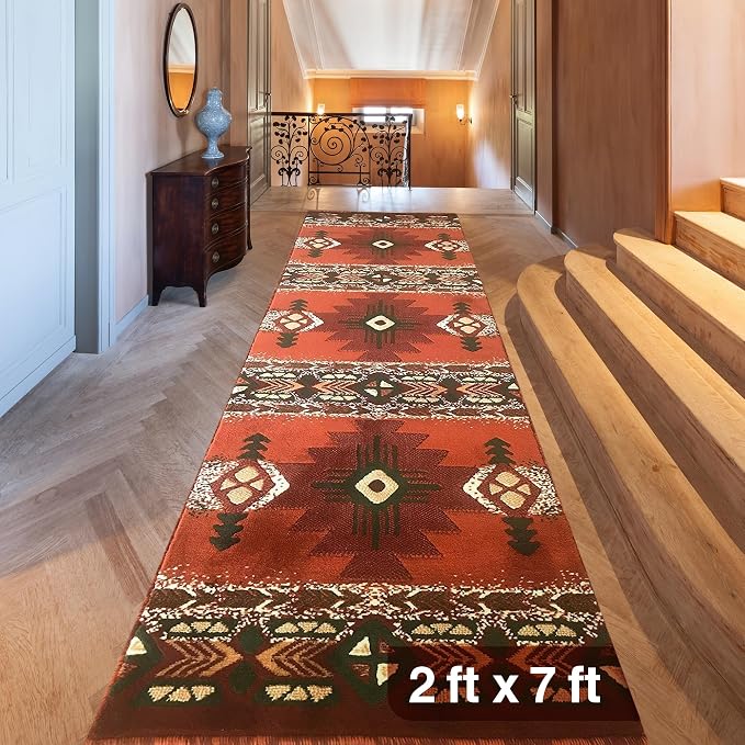 YHSF Southwest Native American Area Rug – Thick, Soft, Durable & Easy to Maintenance Tribal Design Boho Rug– Ideal for Bedroom, Living Room & Hallway - Rust, 2 Feet x 7 Feet