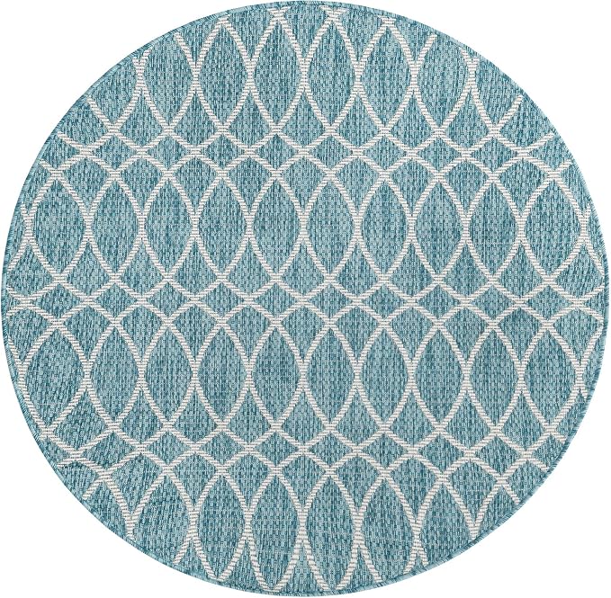Unique Loom Outdoor Trellis Collection Area Rug - Gitter (4' 1" Round, Light Aqua/ Ivory)