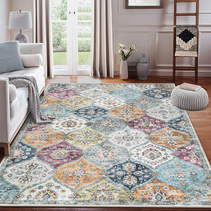 ROYHOME 10x13 Area Rug Extra Large Rug Moroccan Washable Rug, Purple/Grey | Vintage Medallion Distressed Trellis Floor Cover Stain Resistant Non-Slip Carpet for Living Room Bedroom