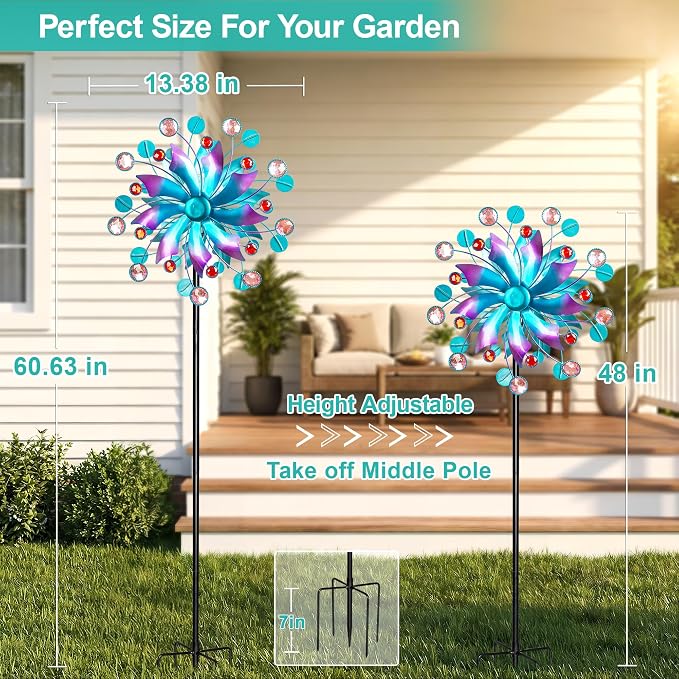Solar Wind Spinner Outdoor - Metal Kinetic Wind Sculptures with Sparkling Jeweled Ornaments, Blue & Purple Gradient Dual-Direction Spinner, Solar LED Glass Ball Yard Art for Garden Patio Decor