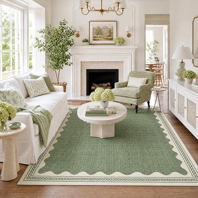 GarveeHome Scalloped Washable Rugs 5x7 Rug for Living Room, 5 x 7 Rug Solid Sage Green Modern Low-Pile Carpet for Bedroom Dining Nursery Non Slip Mat with Rubber Back