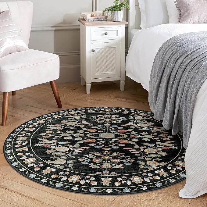 Round Rug 4ft Small Cicle Area Rug Washable Ultra-Thin Floral | Machine Washable Boho Circular Throw Carpet for Entryway Bedroom Kitchen Floor Indoor Low Pile Non Slip Boho Vintage Black
